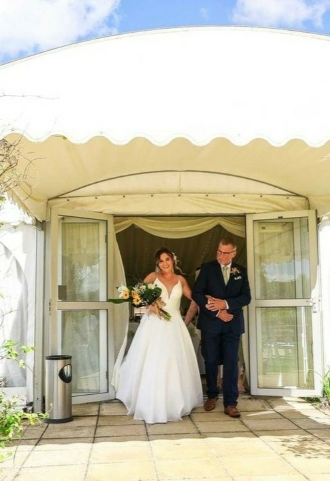 bride & father of the bride entry for wedding at Hungarian hall estate