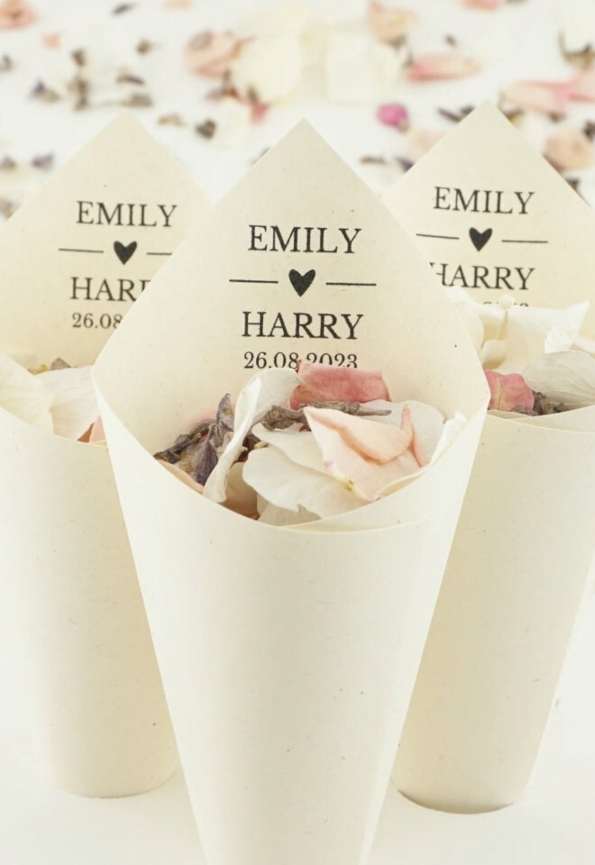 The Dried Petal Companys Handcrafted Wedding Confetti Cones Personalised Love Story