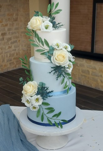 Dusky Blue 3 Tier Wedding Cake with Sugar Roses, Thistles, Lisianthus and Foliage