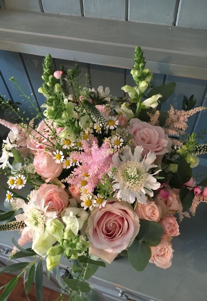 Gorgeous bridal bouquet in soft pinks and whites, country garden relaxed look
