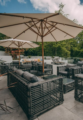 The terrace at Talhenbont Hall wedding venue Pwllheli, Wales