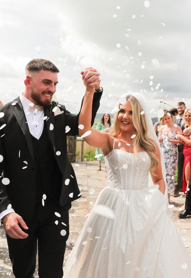 L&L photography, bride, groom, white confetti being thrown by the guests