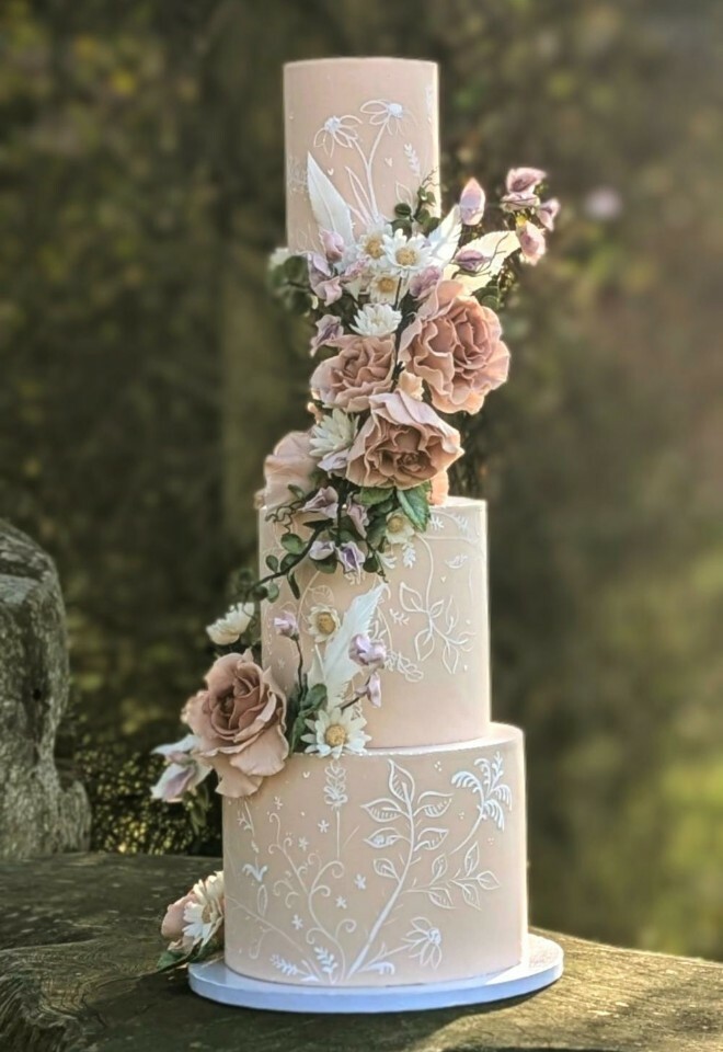 Painted floated cake with sugar flowers