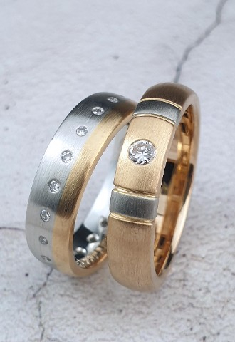 Unique mens wedding rings in platinum and red gold with diamonds