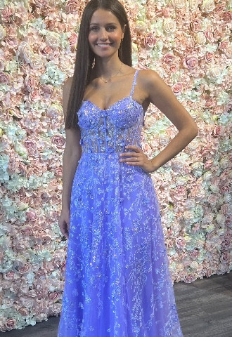Floral glittery lilac prom dress with corset back.