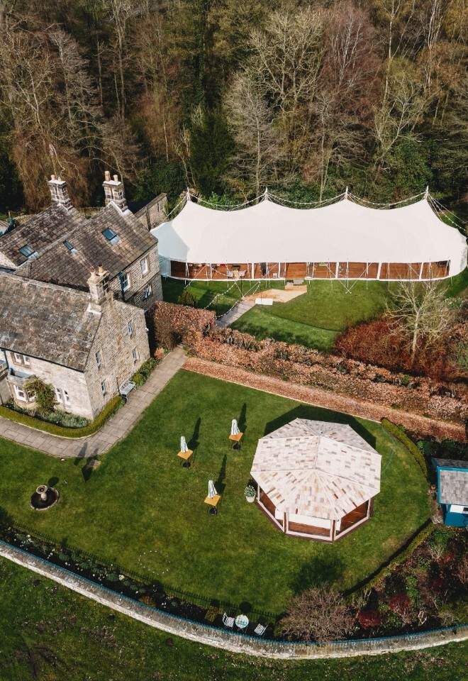 Birdseye view of Heathy Lea outdoor wedding venue in Derbyshire/the Peak District 