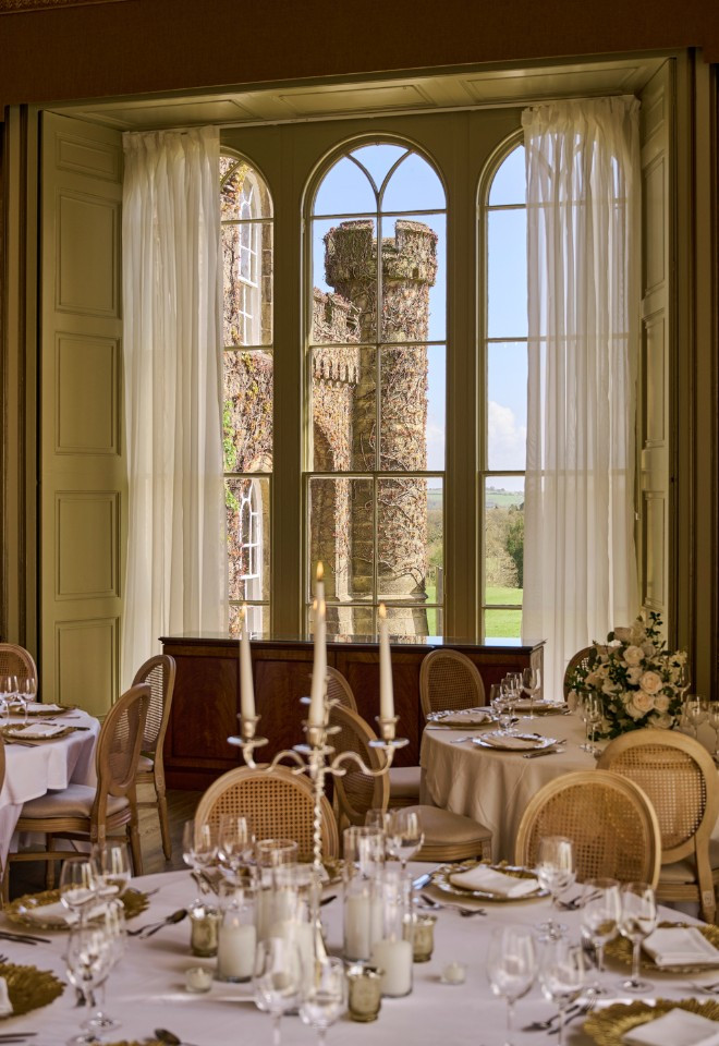 Table decorations for wedding breakfast in the Ballroom at Swinton Park Hotel