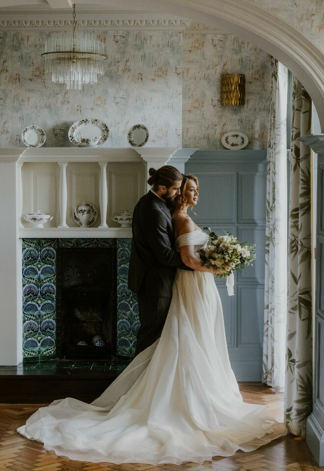 Bride and Groom in Cuckney House Ballroom