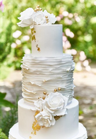 White ruffle cake with gold and rose detailing, Dolce Lusso Cakes, Benson