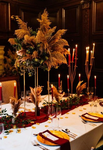 Pampas gold & red wedding decor winter wedding
