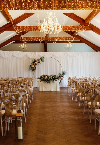 Wedding ceremony set up at Coed Y Mwstwr Hotel, Bridgend, South Wales