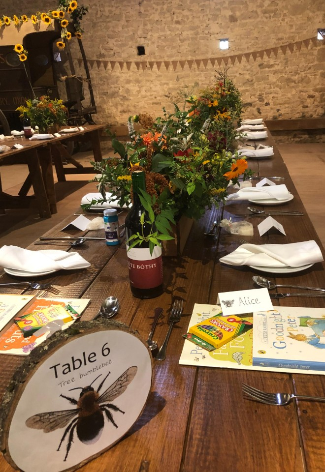 Bumble bee and sunflower themed wedding tables