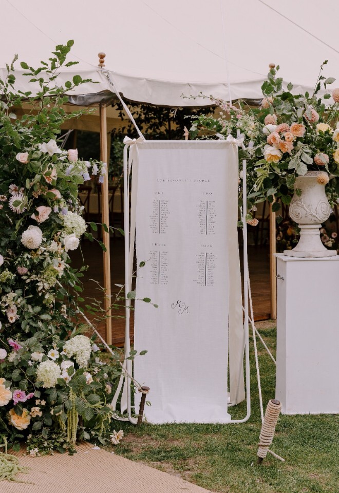 Seating plan and floral arrangement at outdoor wedding venue in Derbyshire