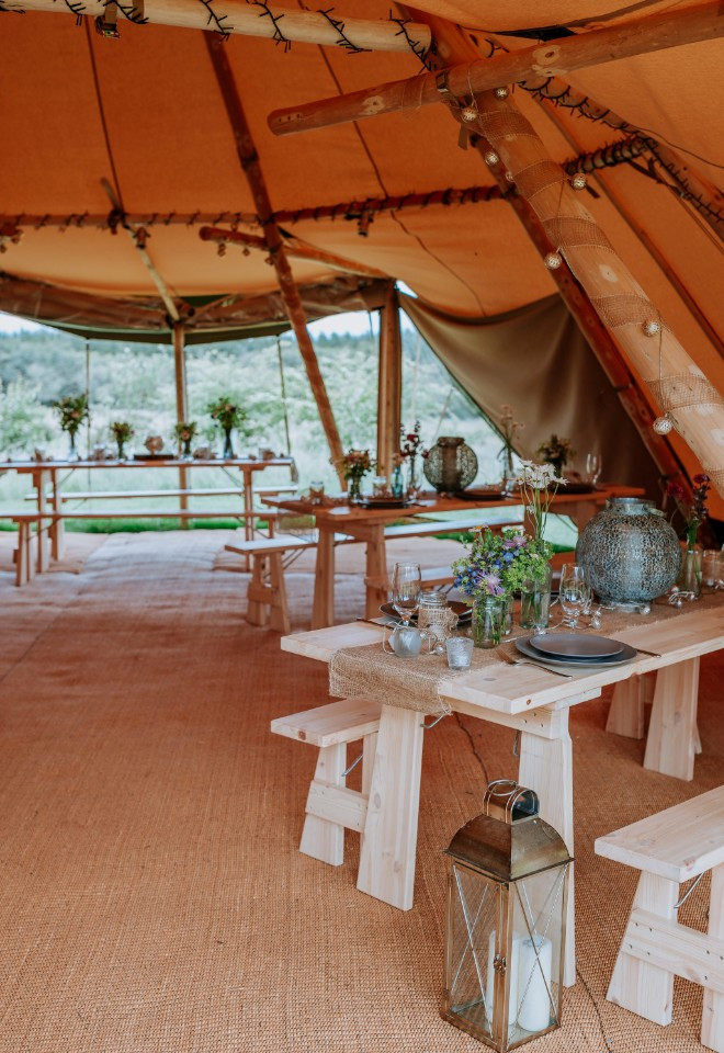 Swinton Bivouac Tipi wedding breakfast set up