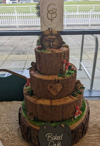Tiered wedding cake wood effect, forest woodland theme with hedgehogs from Gails Cake Pantry Powys