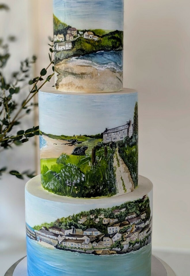 Cornish landscape painted cake
