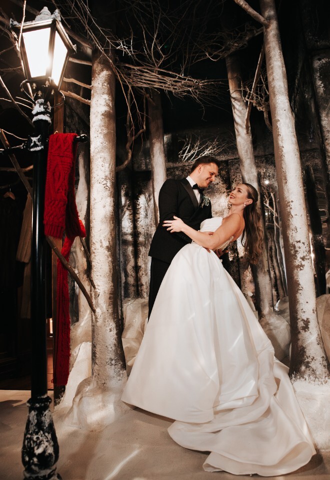 Bride and Groom in Enchanted Library in Snowy Narnia Space
