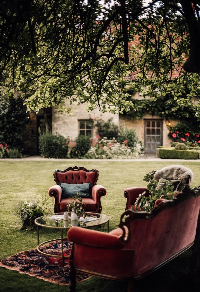 Luxury velvet furniture in The Farmhouse Gardens on the Tythe estate.
