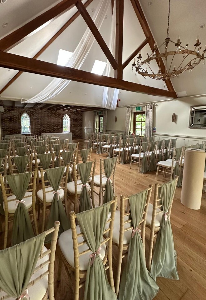 Ceremony Sage Chiffon verticals and always the perfect aisle carpet ready to lay