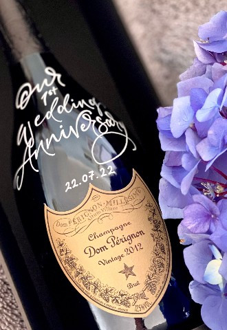 Vintage champagne Don Perignon personalised anniversary and wedding bottle in Mint Lettering calligraphy Buckinghamshire