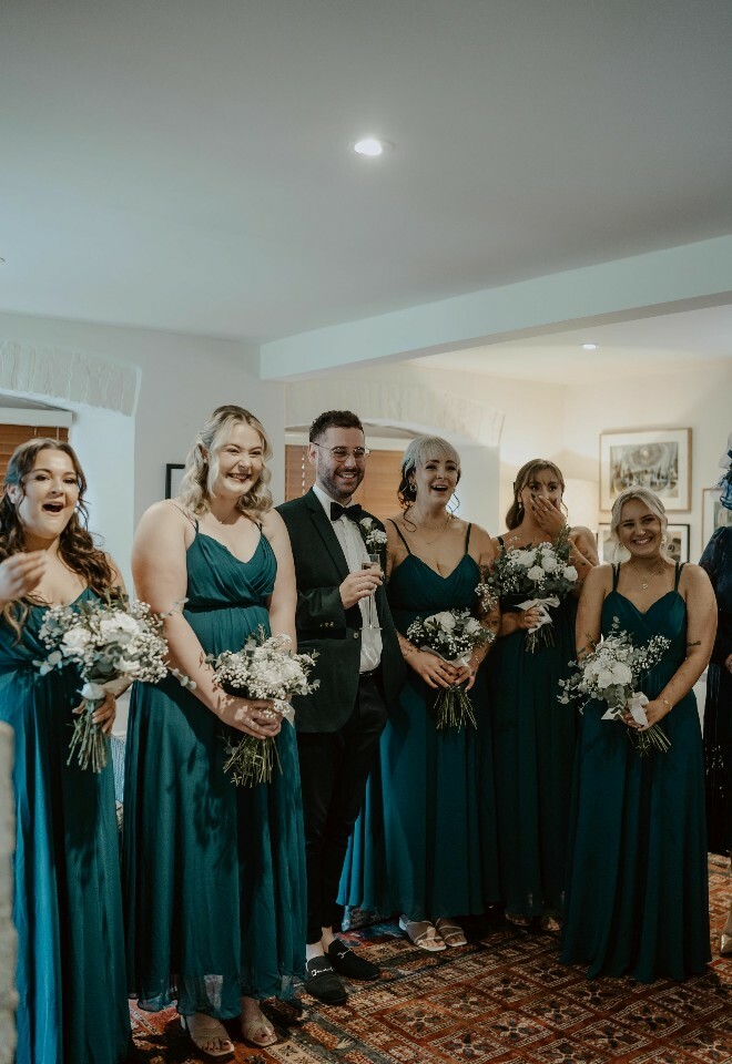 Bridal party first look in the Gamekeepers Cottage