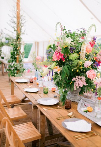 Floral centre pieces for marquee reception at Midelney Manor