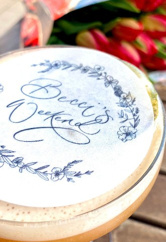 Personalised hand written Mint Lettering calligraphy for bridal party and hen do cocktail rice paper toppers, Buckinghamshire