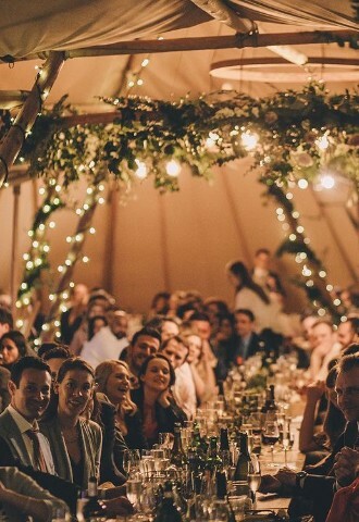 Hereford Tipi Hire Festoon Lighting and Wedding Guests