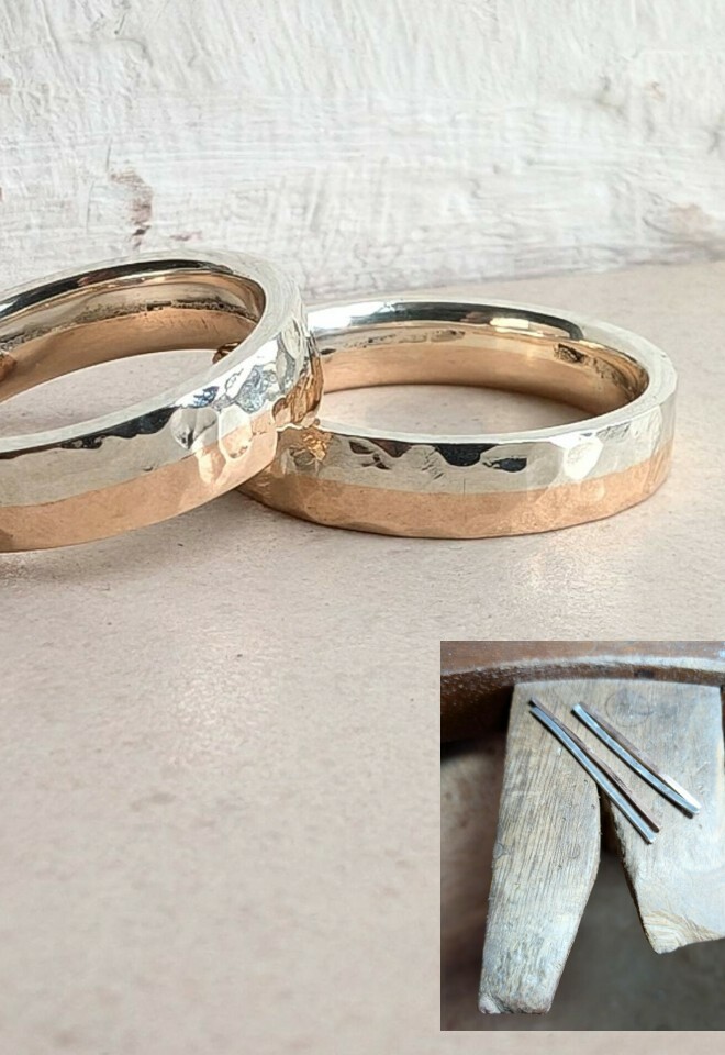 silver and 9ct rose gold wedding rings