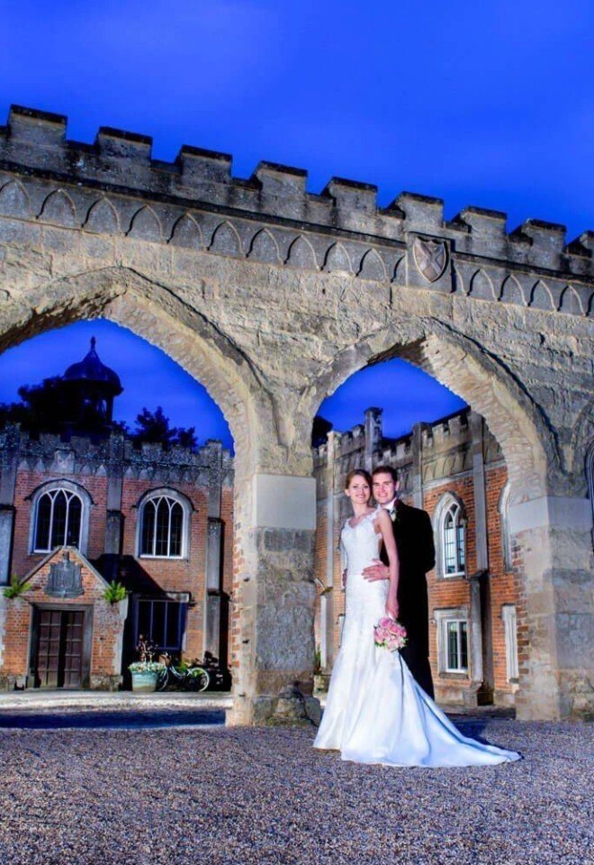 Nether Winchenden House at dusk on a wedding day