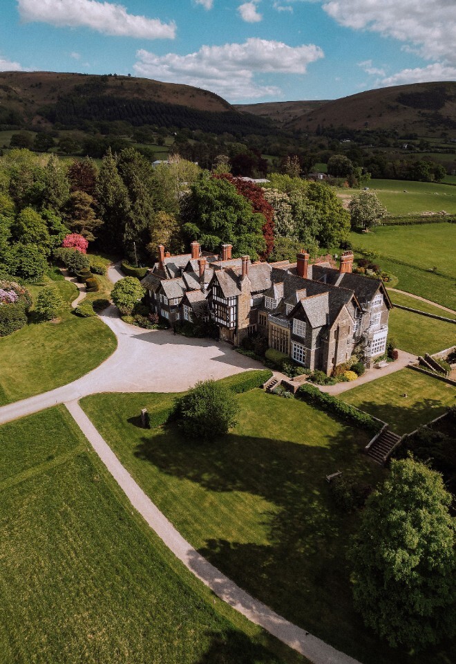 Drone view of Plas Dinam Country House