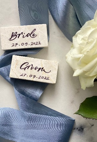 Marble block name cards place settings in Mint Lettering calligraphy Buckinghamshire, blue silk personalised hand written ribbon