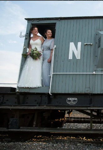 Bridal party photo on train