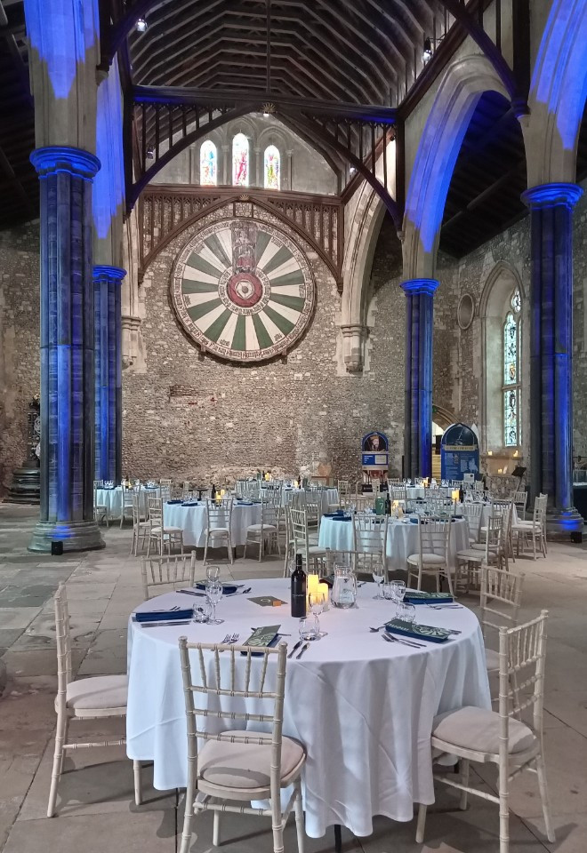 Blue themed wedding breakfast at The Great Hall, Winchester