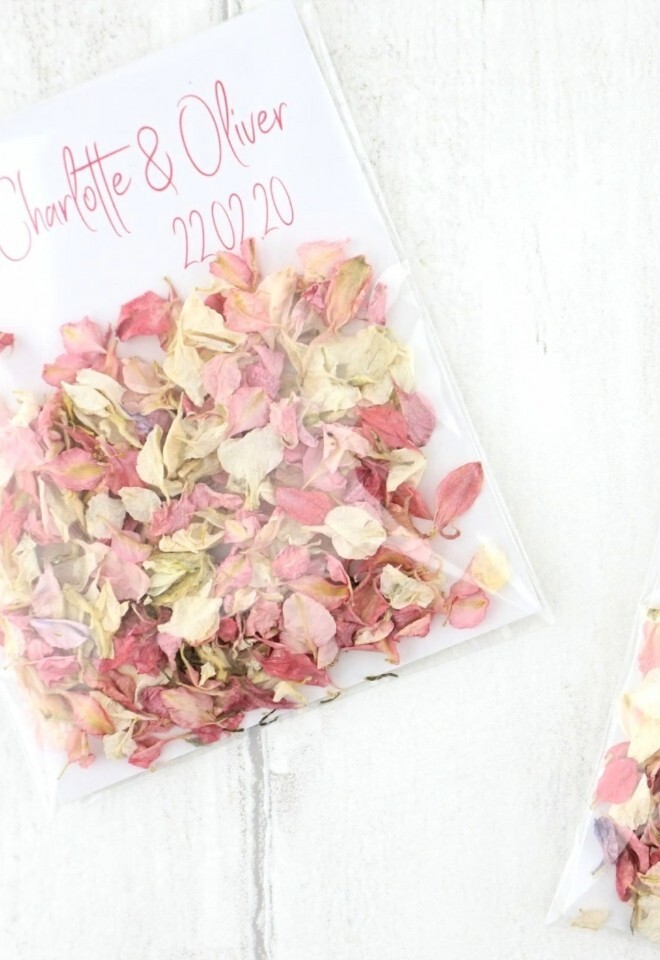 The Dried Petal Companys Personalised Biofilm Envelopes with Larkspur Petals Boho Chic