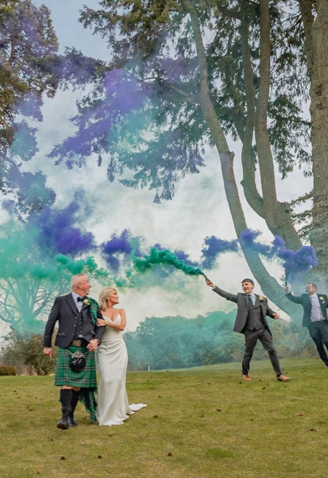 smoke bombs purple & green for scottish wedding