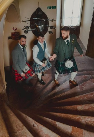 Groom and groomsmen at Fyvie Castle, Aberdeenshire