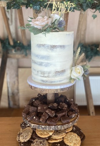 Rustic ‘Naked’ carrot wedding cake with brownies & cookies for additional tiers made by Gallery Cakes in Oxfordshire