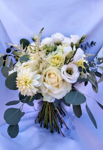 White roses, dahlias and poppy bouquet by Flowers by Marion, Crayford