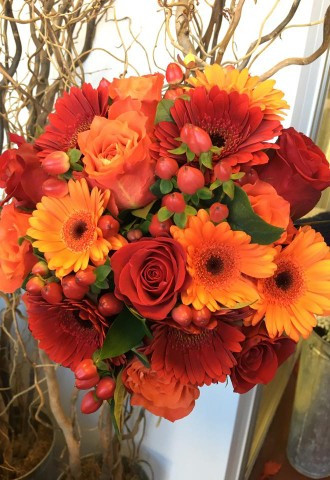 Red and orange bridal bouquet, Freemans Flowers, Oxfordshire