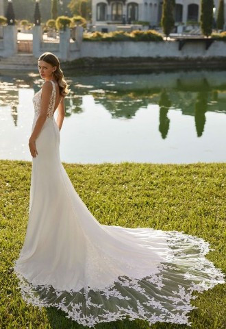 Ellie from Rosa Clara 2024 collection with lace embroidered train, Boa Boutique Surrey 
