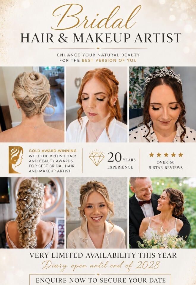 Ells Belles Award winning Bridal Hair & Makeup Artist with 20 years of experience and over 60 five-star reviews on social media.
