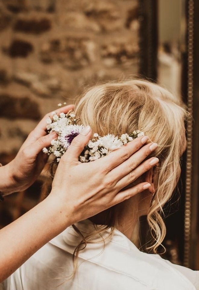 Finishing Touches, Lauren Securing Bridal Flower Hair Piece.