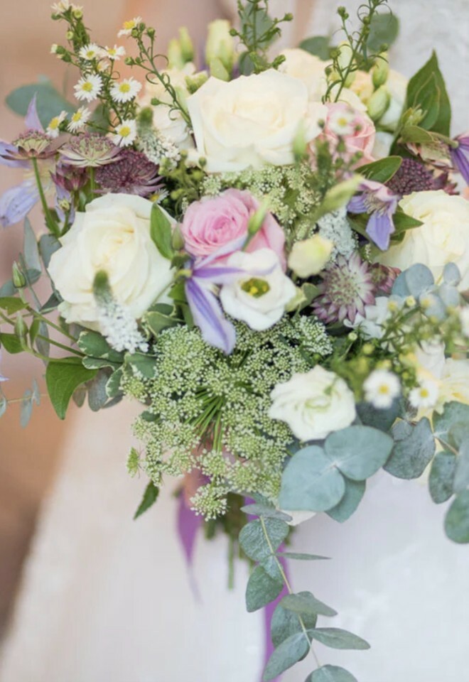 pastel coloured bridal bouquet with roses & sage green foliage, from Oops A Daisy, Cirencester