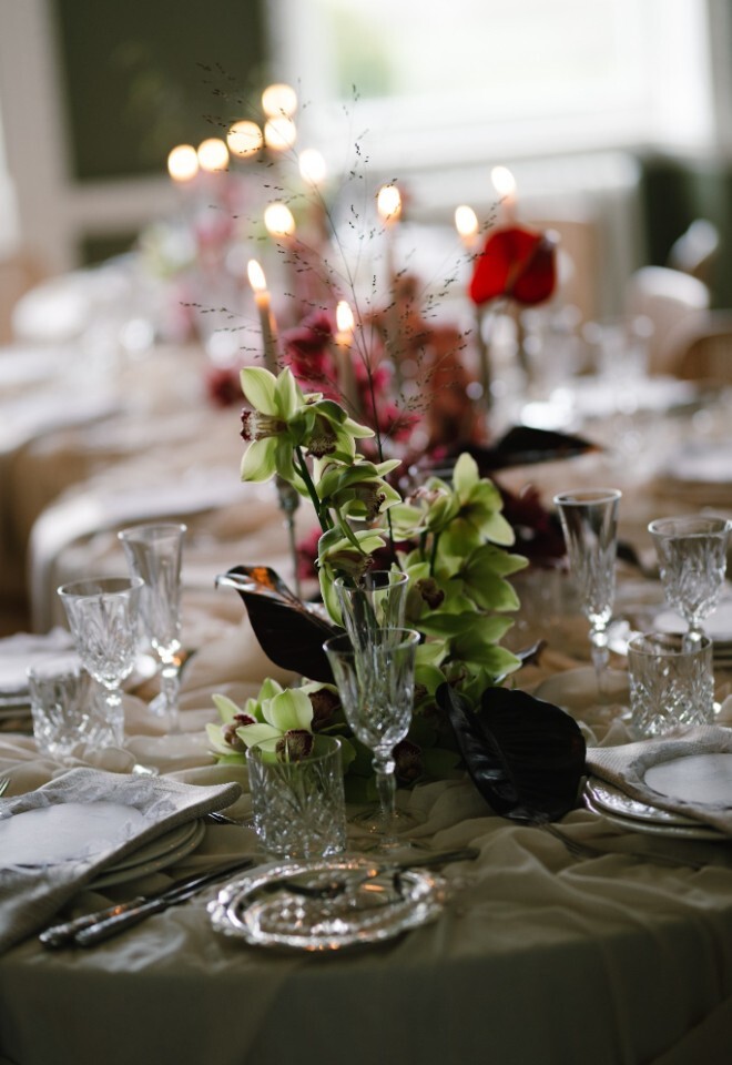 Crystal Cut Glasses on Green Table Cloth with Kings Cutlery