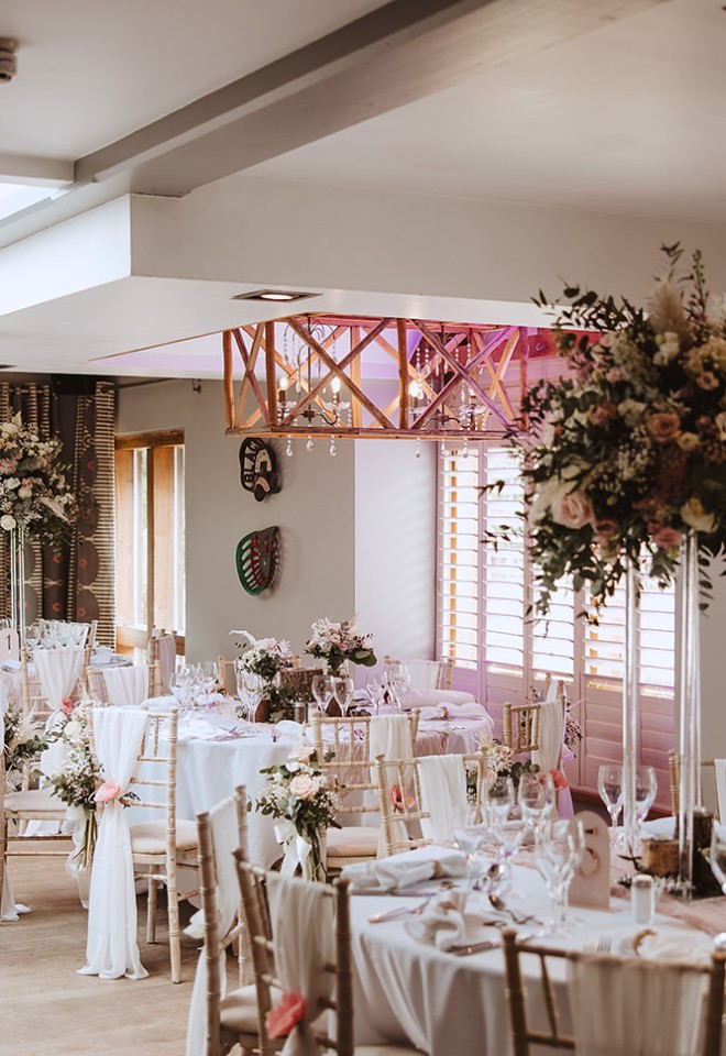 Elegant wedding breakfast set for an exclusive-use celebration at The Cock O’Barton.