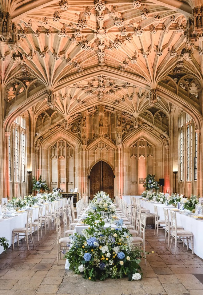 Interior of the Bodleian Libraries set for a wedding breakfast with tressel tables