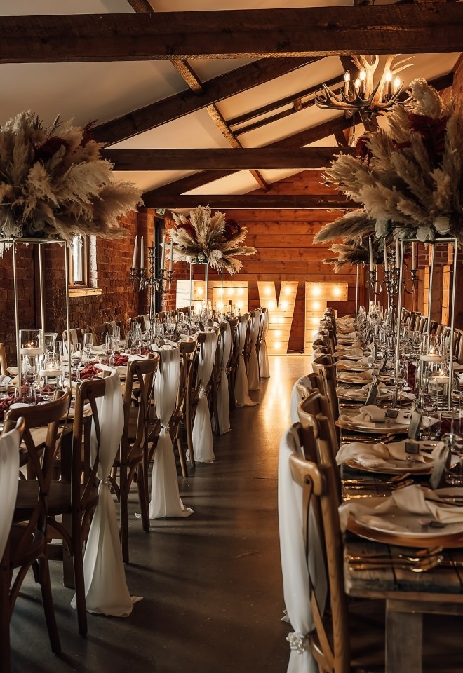 giant love letters, pampass grass table decor at wedding reception at burlton manor