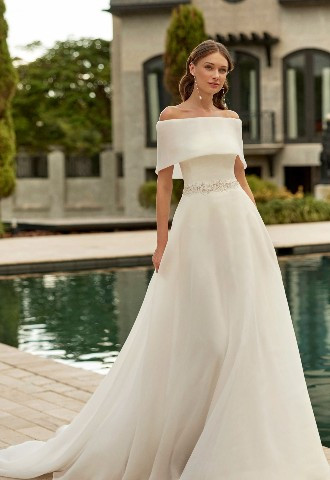 A-line silhoutte wedding dress with strapless neckline and draped sleeves, Espiga from Rosa Clara 2024 collection at Boa Boutqiue Surrey