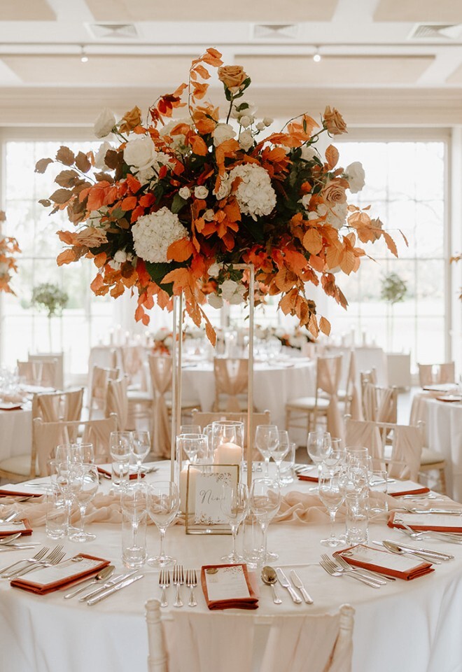 Exclusive use wedding venue in Lincolnshire wedding breakfast table set up Autumn wedding